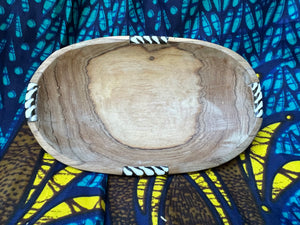 Wood Oblong Bowl with bone inlay