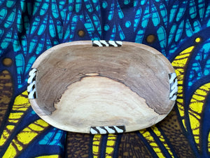 Wood Oblong Bowl with bone inlay
