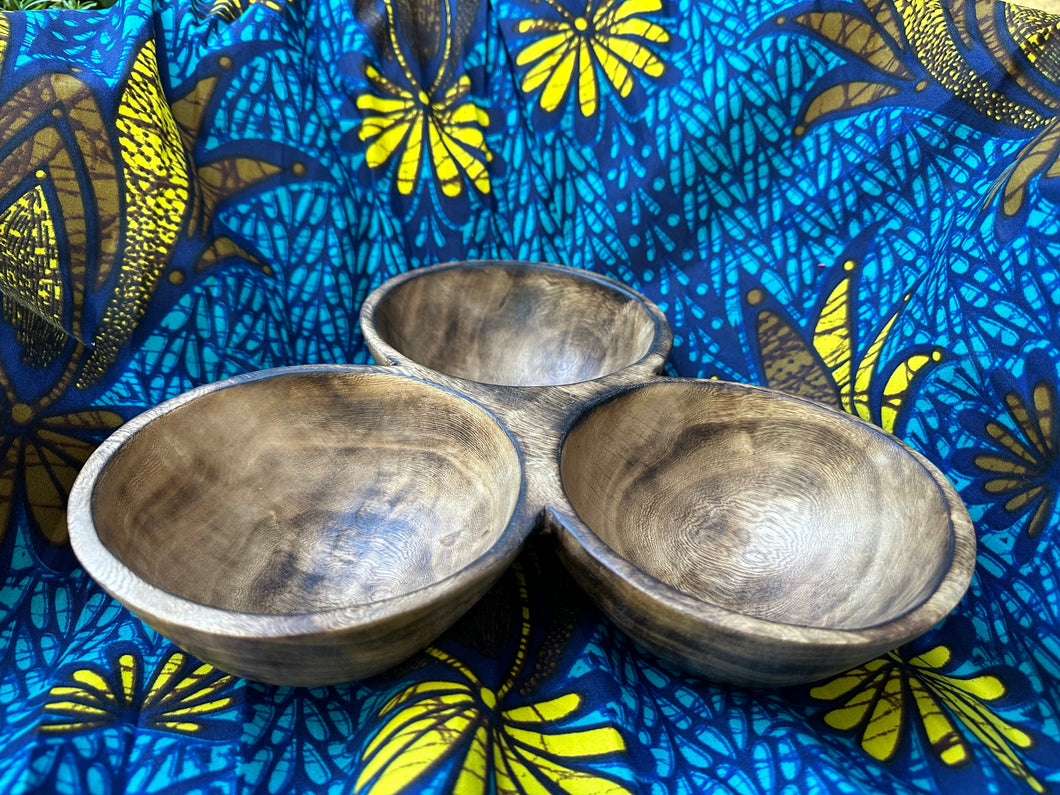 Wood 3-part divided condiment bowl