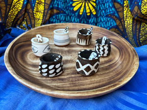 Wood Salt and Pepper Bowls inlaid with bone, includes spoon
