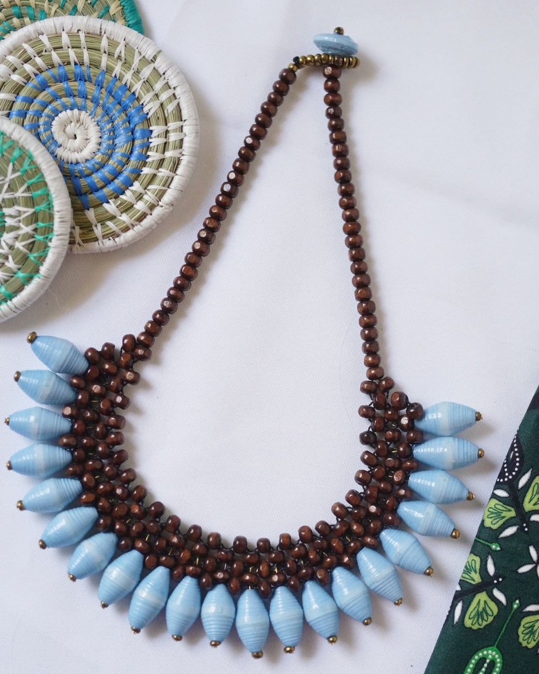 Necklace - Large Paper Bead with Carved wood bead Necklace